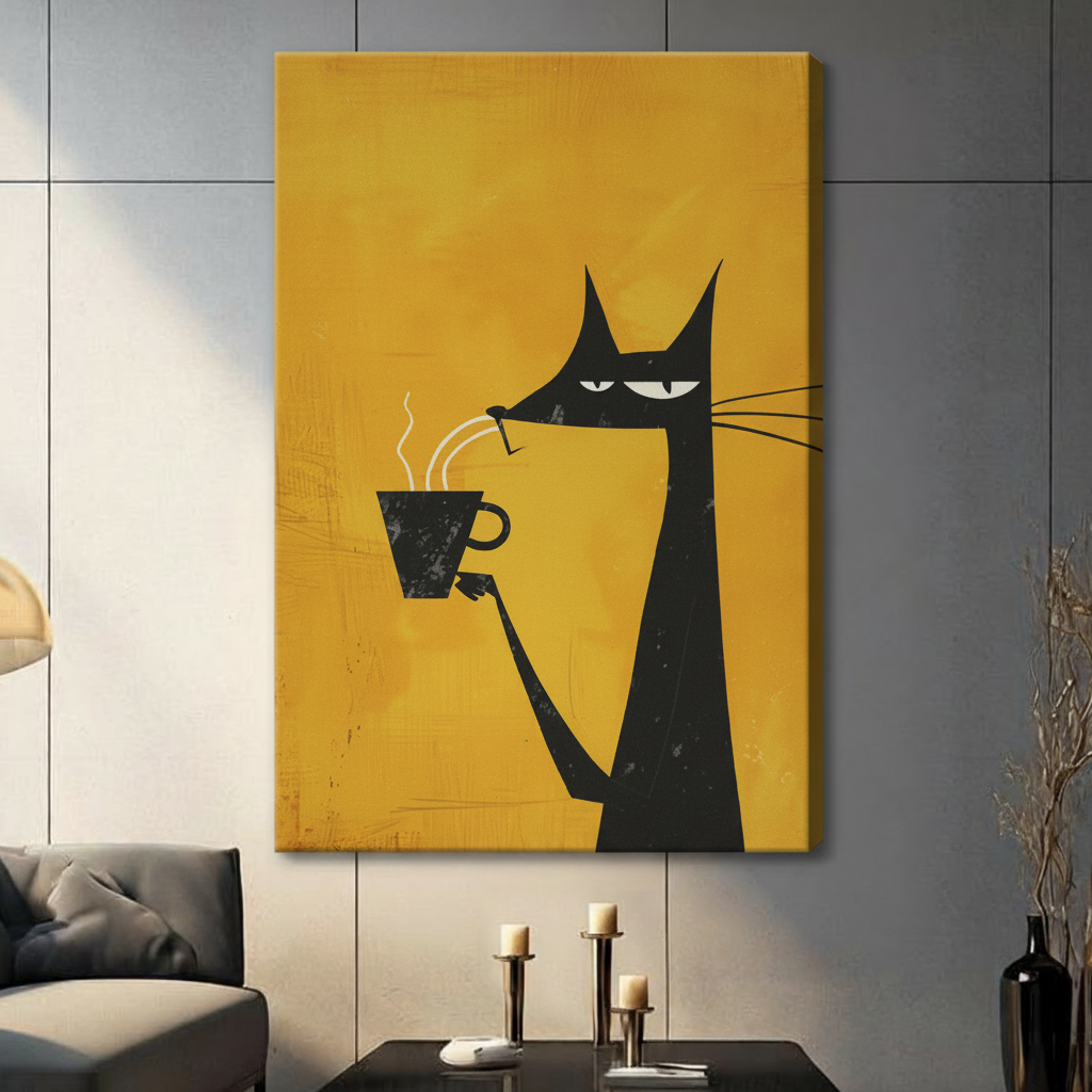 Grumpy Black Cat Coffee Canvas Wall Art