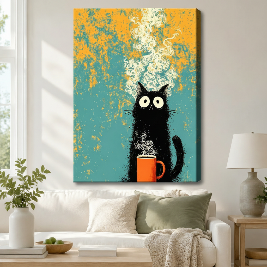 Retro Black Cat Coffee Teal Canvas Wall Art