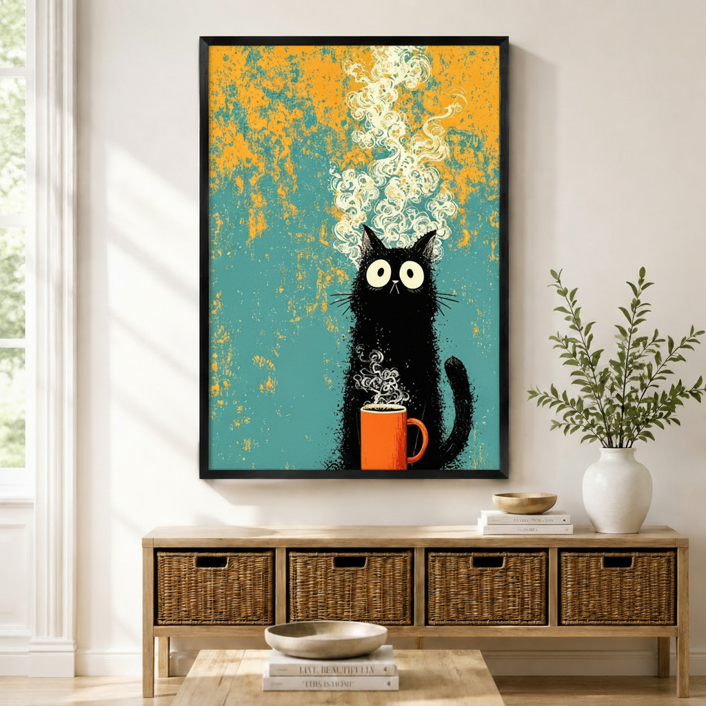 Retro Black Cat Coffee Teal Canvas Wall Art