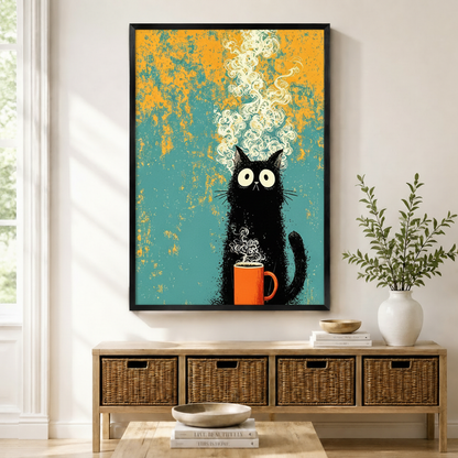 Retro Black Cat Coffee Teal Canvas Wall Art