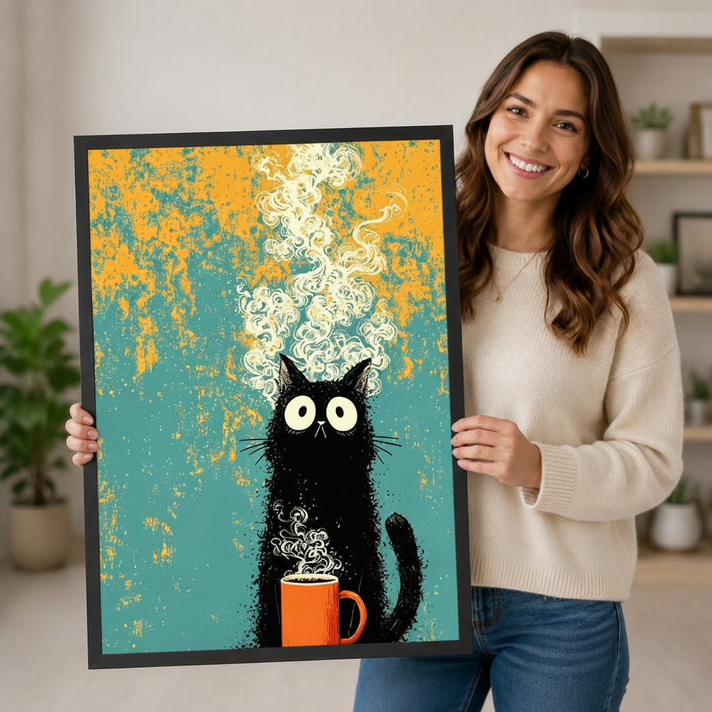 Retro Black Cat Coffee Teal Canvas Wall Art