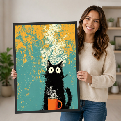 Retro Black Cat Coffee Teal Canvas Wall Art