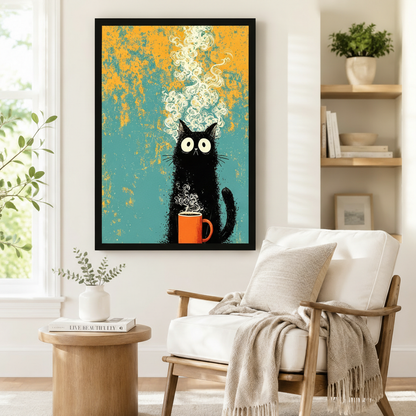 Retro Black Cat Coffee Teal Canvas Wall Art