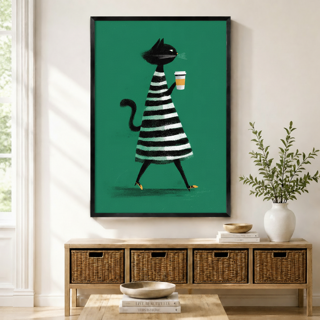 Chic Cat Coffee Retro Fashion Canvas Wall Art