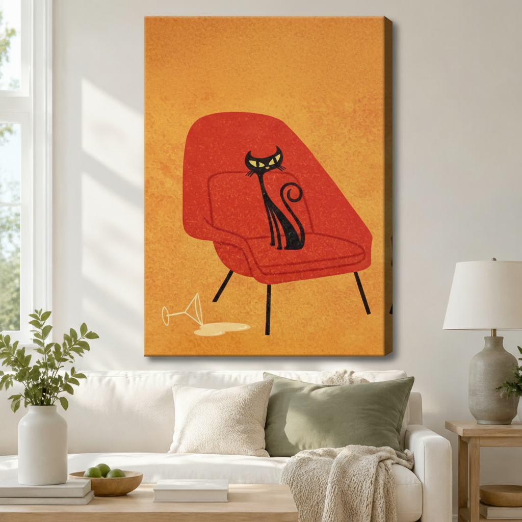 Mid-Century Black Cat Martini Canvas Wall Art
