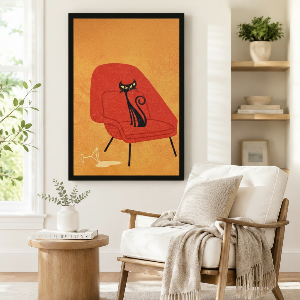 Mid-Century Black Cat Martini Canvas Wall Art