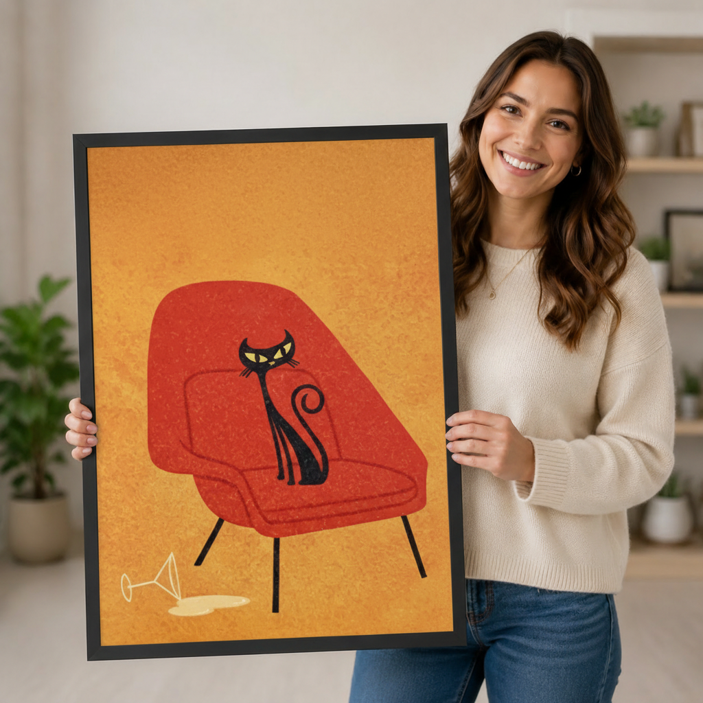 Mid-Century Black Cat Martini Canvas Wall Art