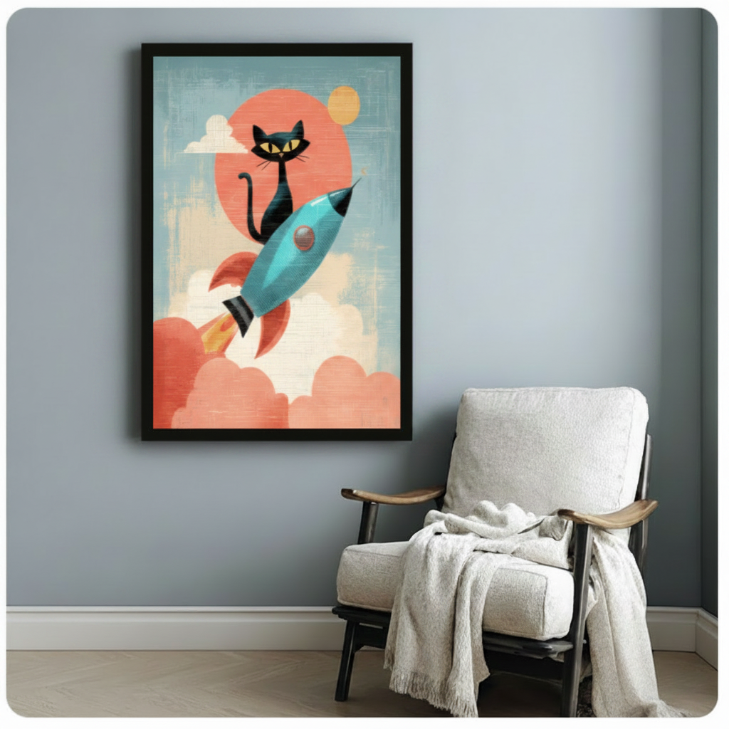 Retro Black Cat Rocket Mid-Century Canvas Art