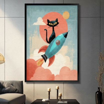 Retro Black Cat Rocket Mid-Century Canvas Art