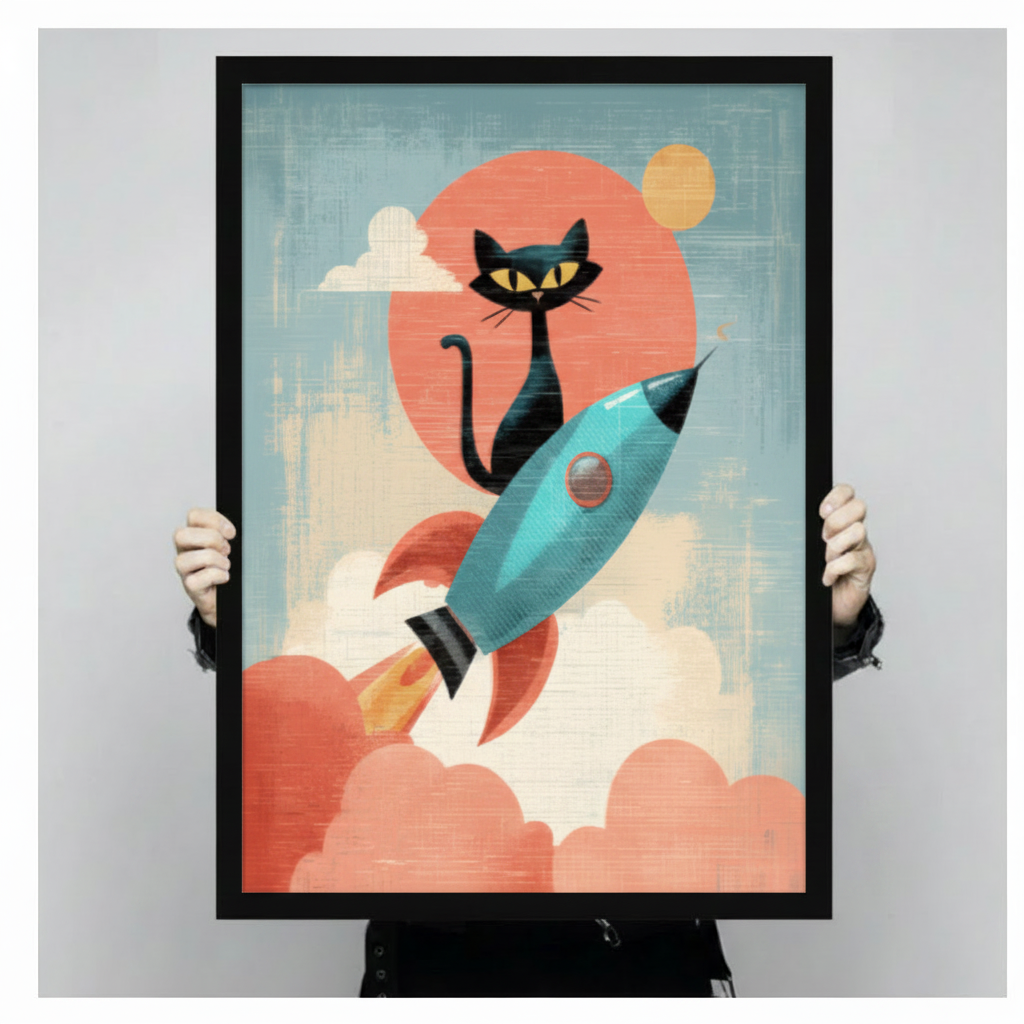 Retro Black Cat Rocket Mid-Century Canvas Art