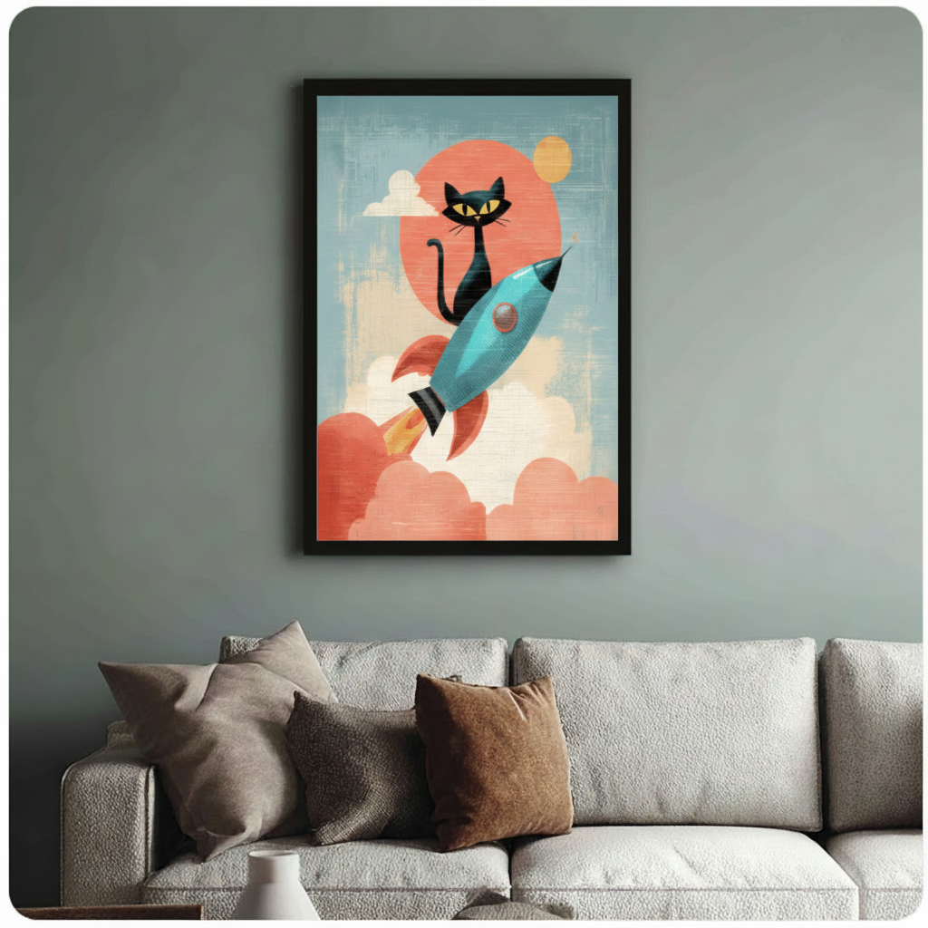 Retro Black Cat Rocket Mid-Century Canvas Art
