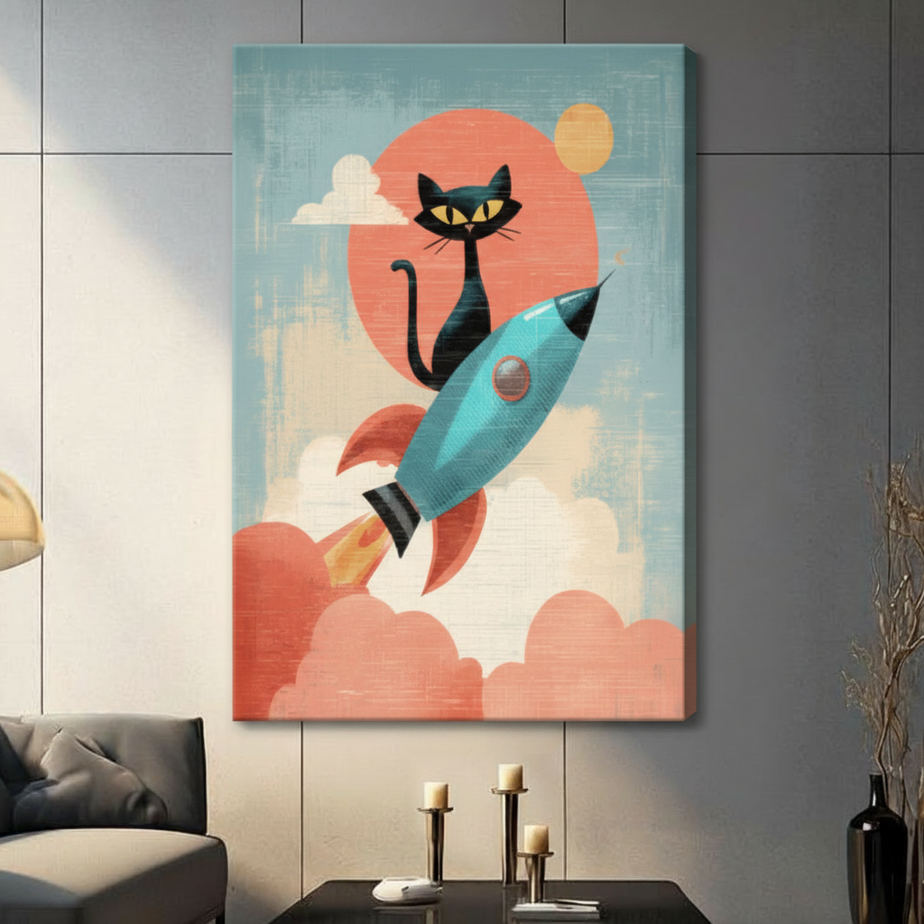 Retro Black Cat Rocket Mid-Century Canvas Art