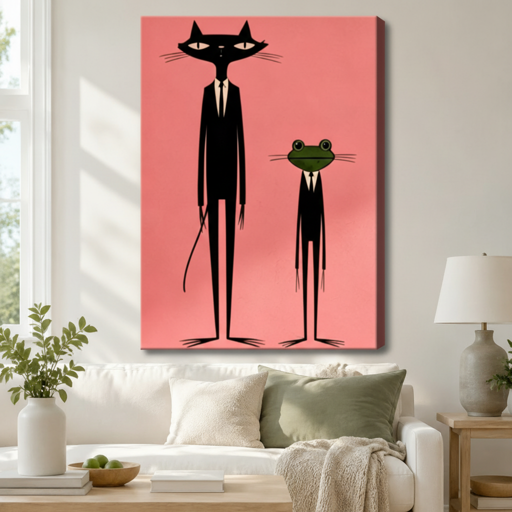 Mid-Century Cat Frog Suit Pink Pop Art Canvas