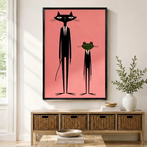 Mid-Century Cat Frog Suit Pink Pop Art Canvas