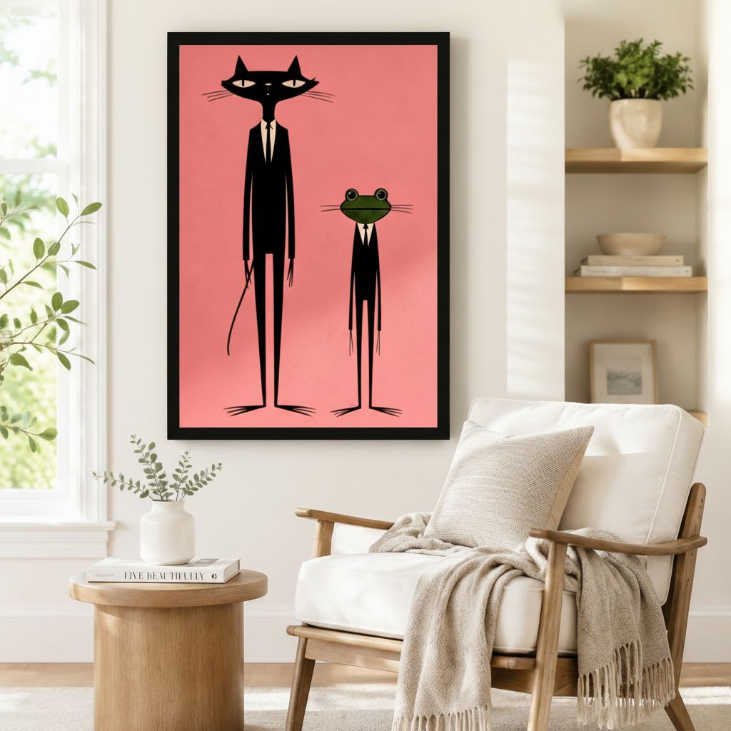 Mid-Century Cat Frog Suit Pink Pop Art Canvas