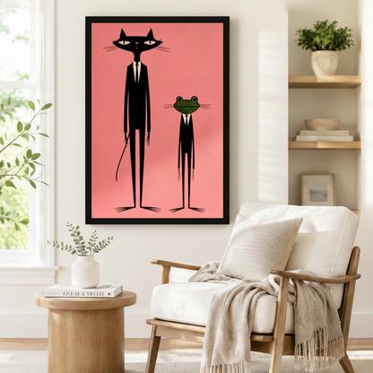 Mid-Century Cat Frog Suit Pink Pop Art Canvas