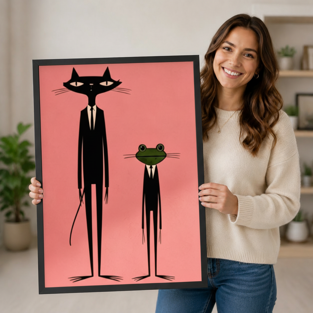Mid-Century Cat Frog Suit Pink Pop Art Canvas