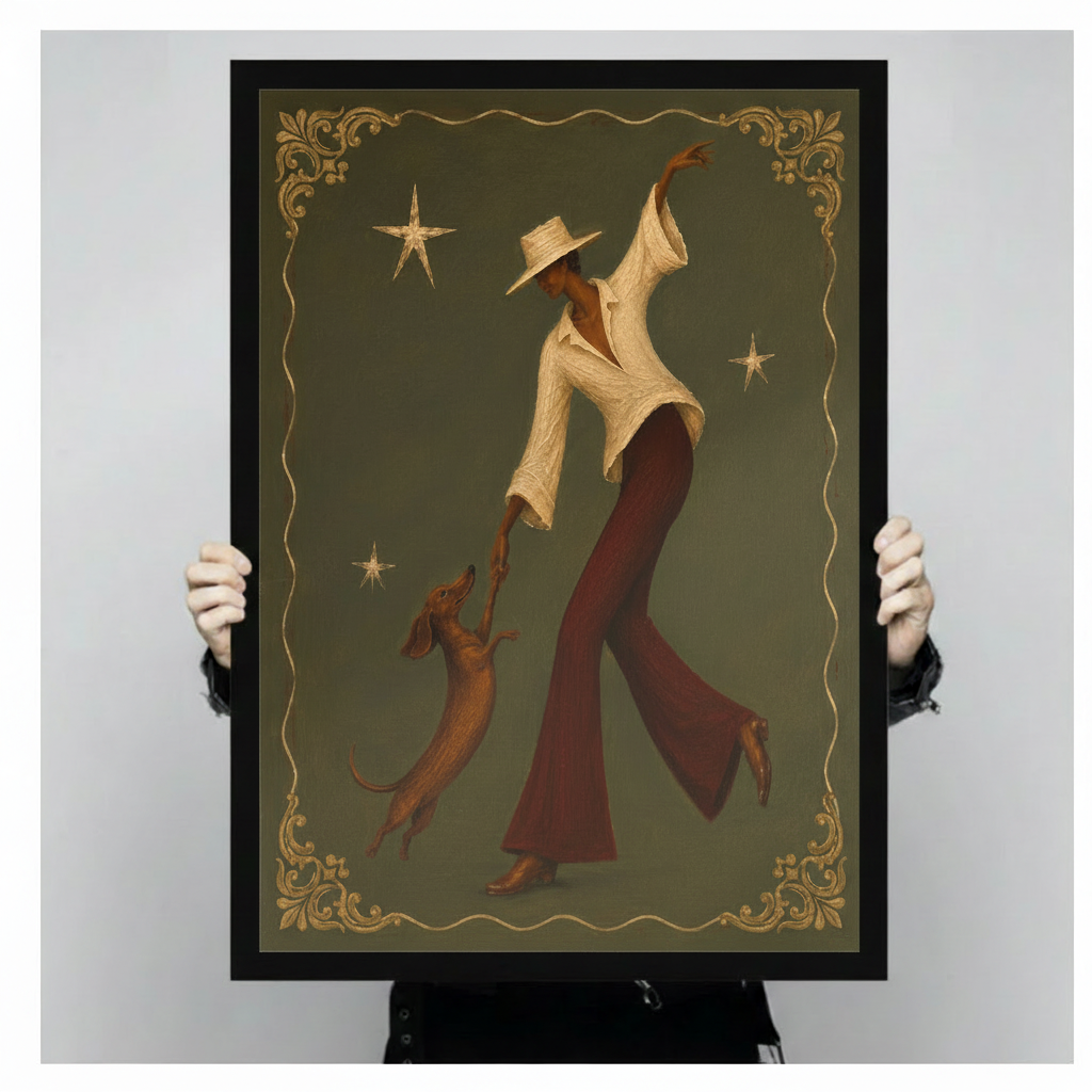 Retro Cowgirl Dachshund Dance Gold Canvas Art