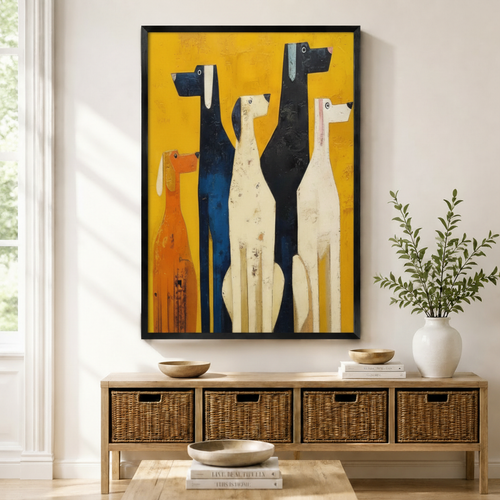 Abstract Dogs Yellow Mid-Century Modern Canvas Art
