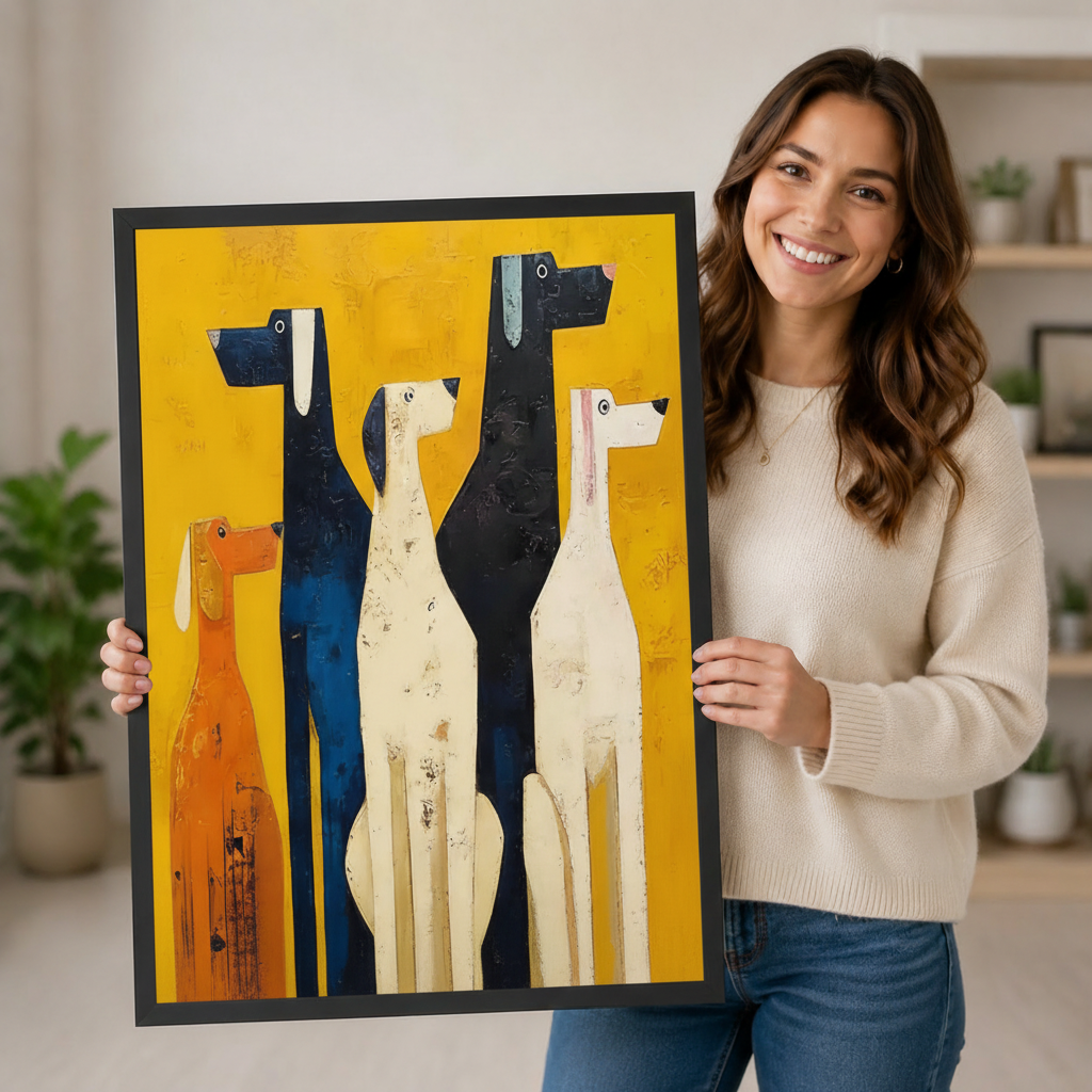 Abstract Dogs Yellow Mid-Century Modern Canvas Art