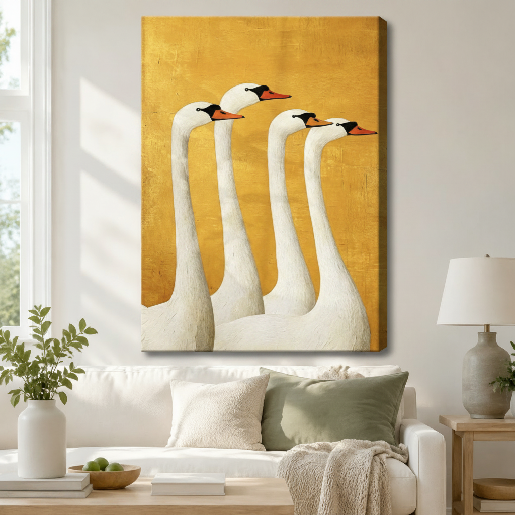 Elegant Swans Golden Yellow Modern Canvas Wall Art