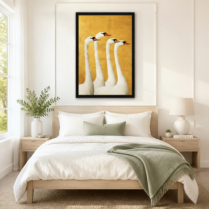 Elegant Swans Golden Yellow Modern Canvas Wall Art