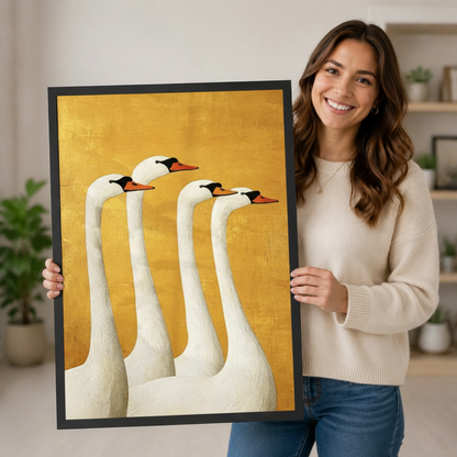 Elegant Swans Golden Yellow Modern Canvas Wall Art