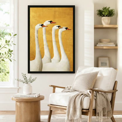 Elegant Swans Golden Yellow Modern Canvas Wall Art