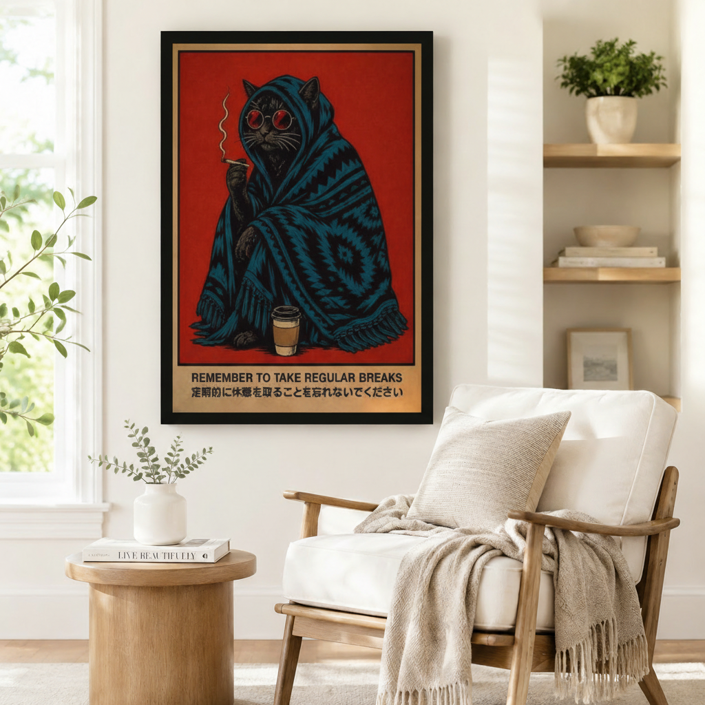 Take a Break Black Cat Retro Poster Canvas Wall Art