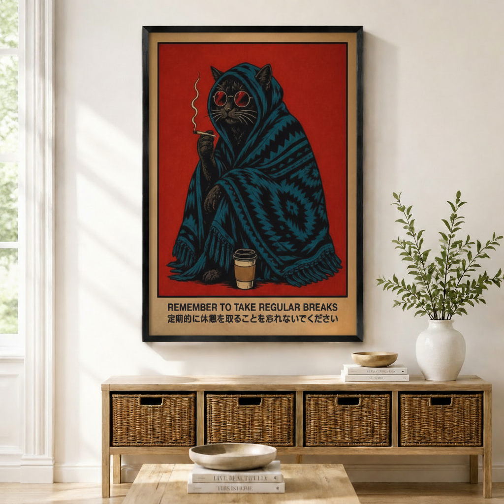 Take a Break Black Cat Retro Poster Canvas Wall Art