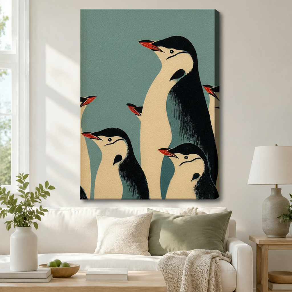 Retro Penguin Family Vintage Poster Canvas Wall Art