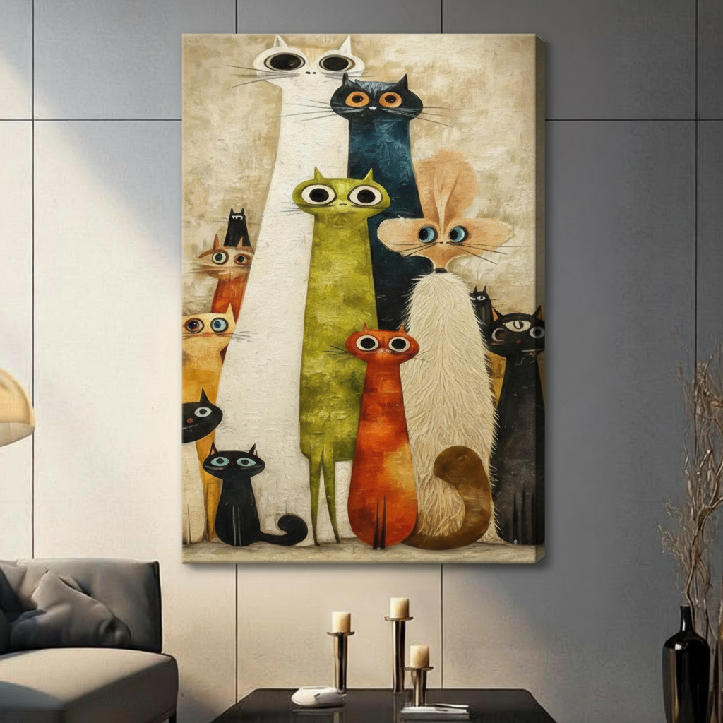Whimsical Cat Crew Textured Oil Canvas Wall Art