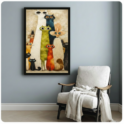 Whimsical Cat Crew Textured Oil Canvas Wall Art