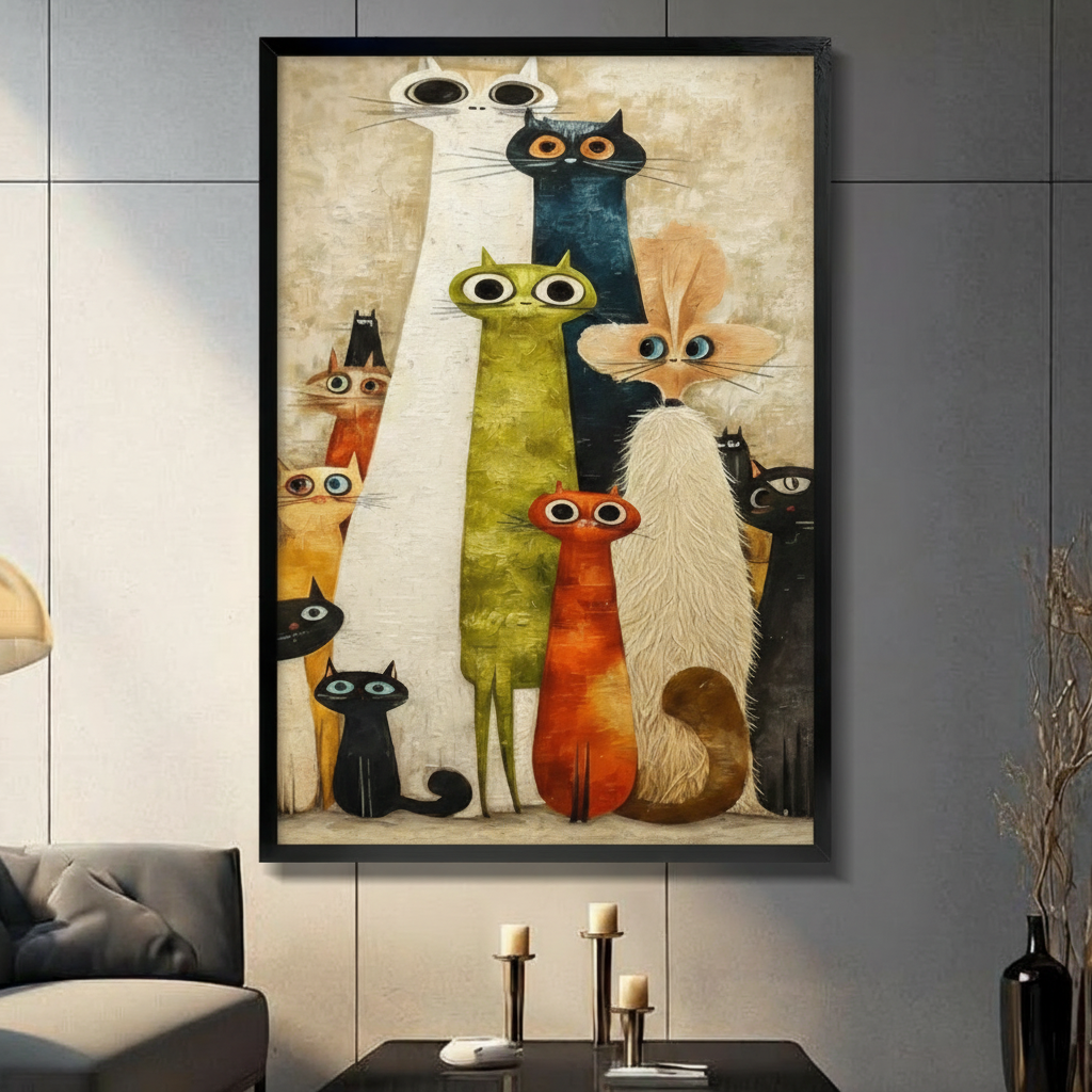 Whimsical Cat Crew Textured Oil Canvas Wall Art