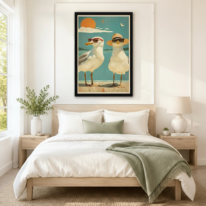Retro Beach Seagulls Sunglasses Canvas Wall Art