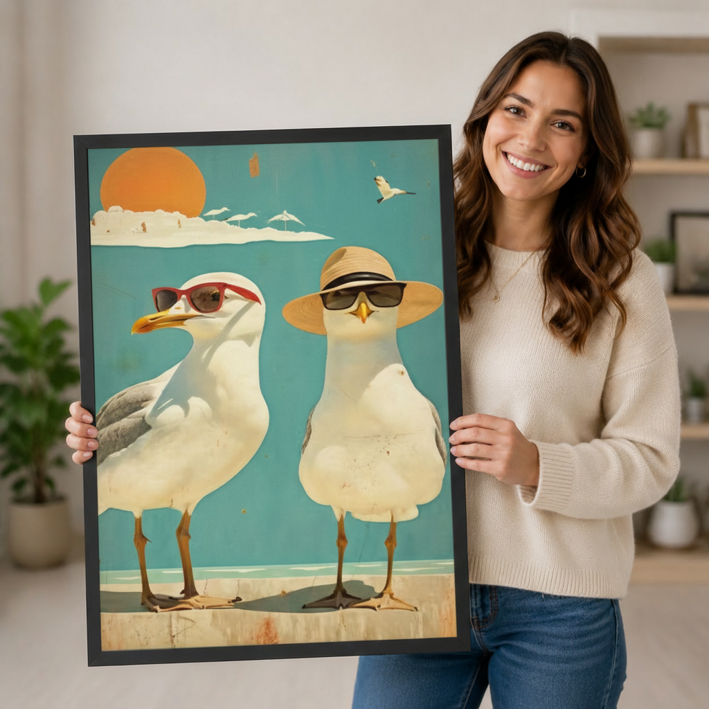 Retro Beach Seagulls Sunglasses Canvas Wall Art