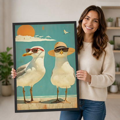 Retro Beach Seagulls Sunglasses Canvas Wall Art