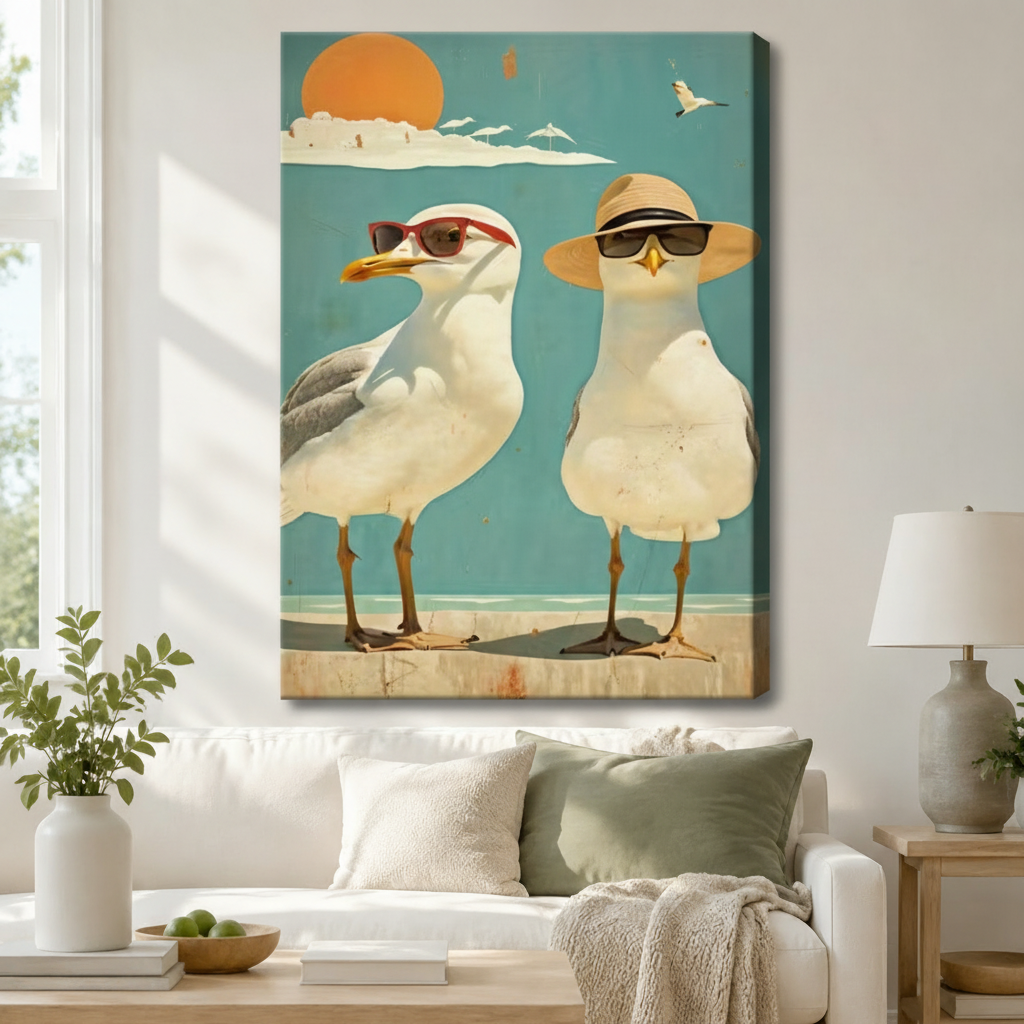 Retro Beach Seagulls Sunglasses Canvas Wall Art