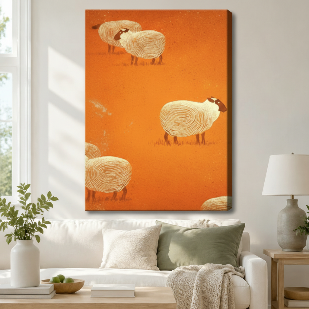 Whimsical Sheep Folk Art Orange Canvas Wall Art