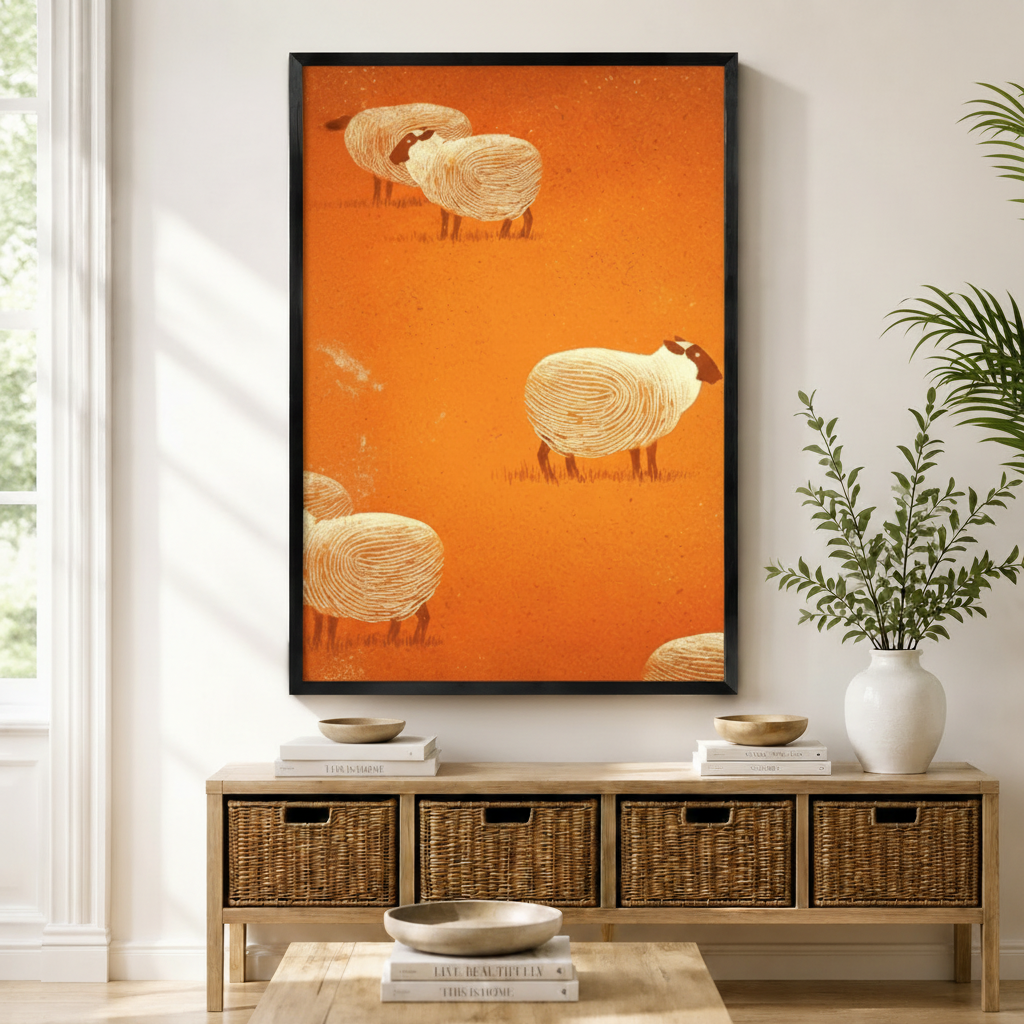 Whimsical Sheep Folk Art Orange Canvas Wall Art