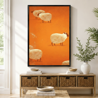 Whimsical Sheep Folk Art Orange Canvas Wall Art