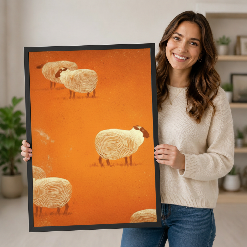 Whimsical Sheep Folk Art Orange Canvas Wall Art