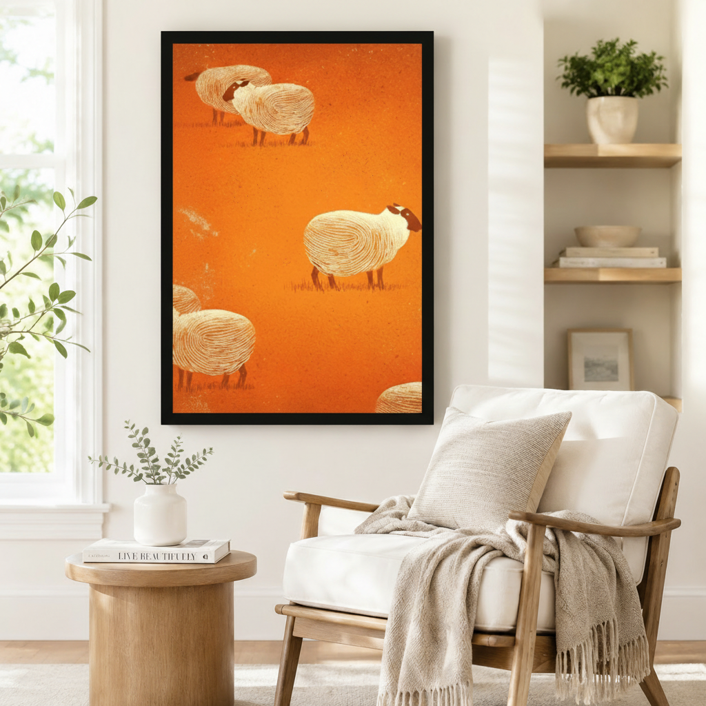 Whimsical Sheep Folk Art Orange Canvas Wall Art