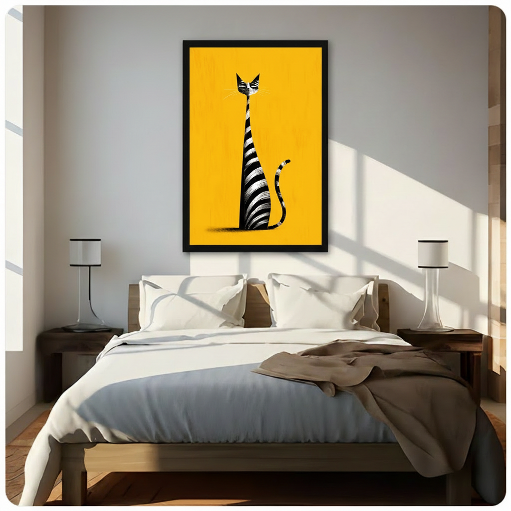Bold Striped Cat Yellow Canvas Wall Art