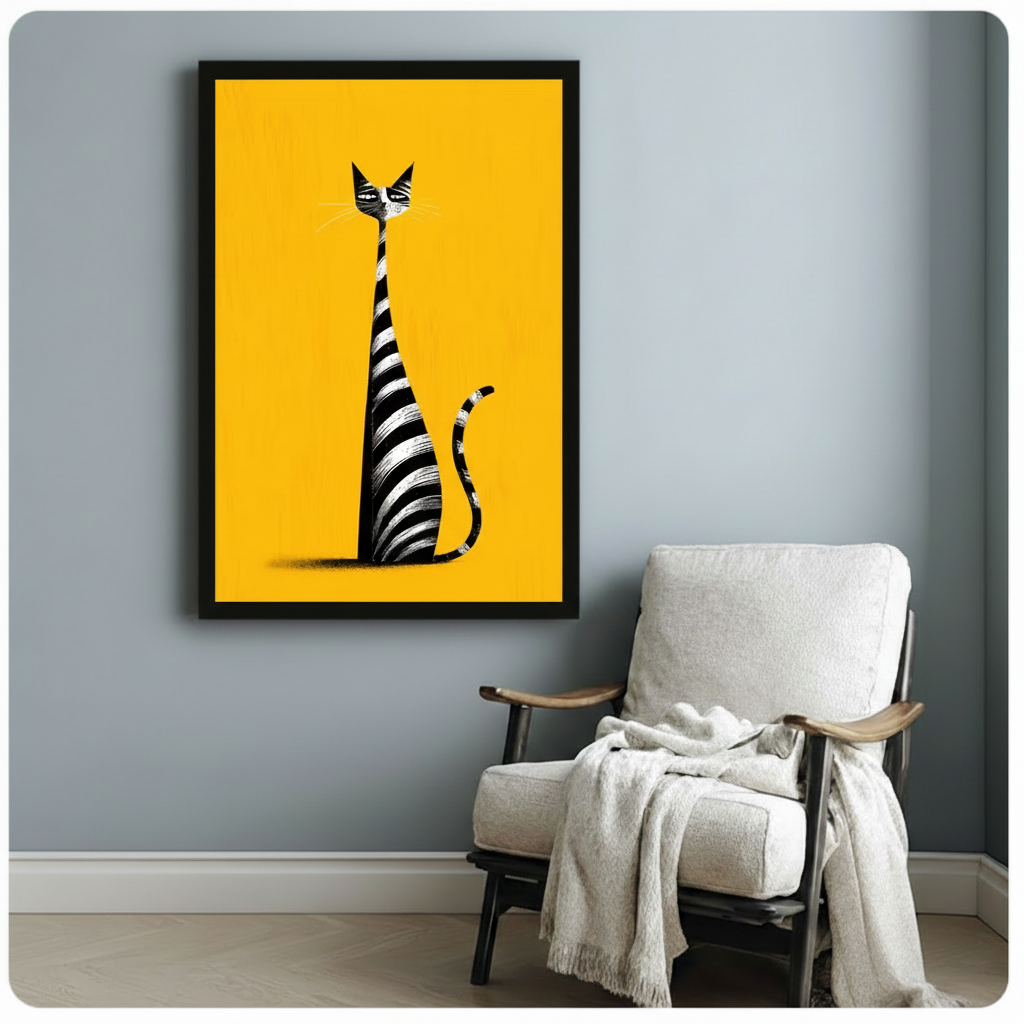 Bold Striped Cat Yellow Canvas Wall Art