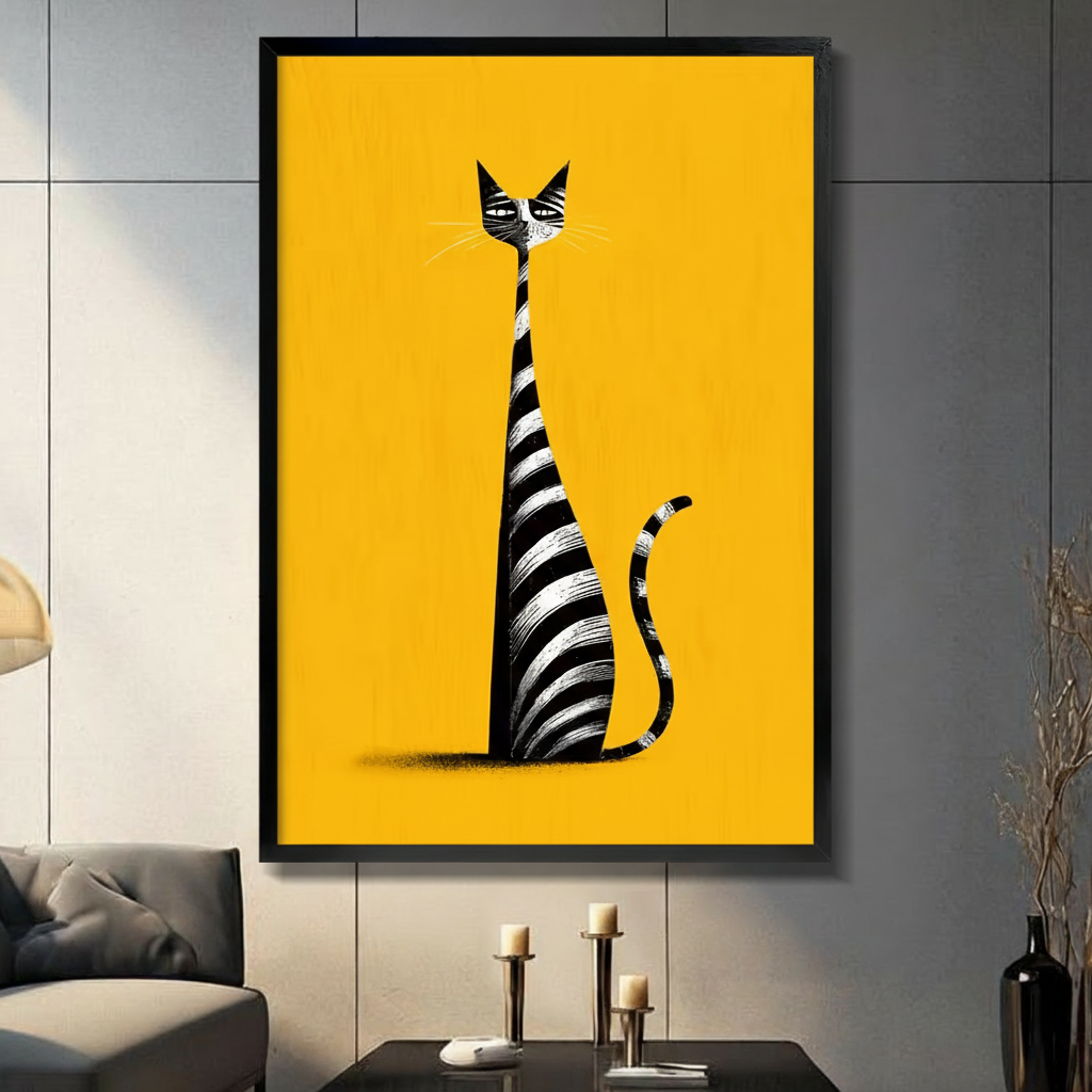 Bold Striped Cat Yellow Canvas Wall Art