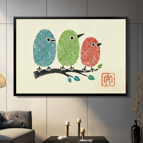 Fingerprint Birds Colorful Whimsical Canvas Wall Art
