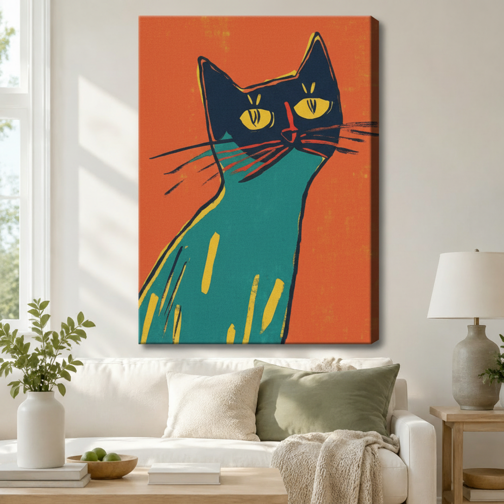 Teal Cat Portrait Orange Pop Art Canvas Wall Art