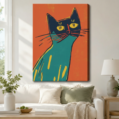 Teal Cat Portrait Orange Pop Art Canvas Wall Art