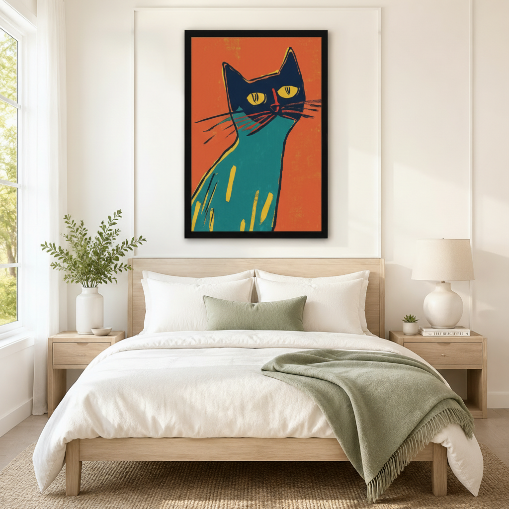 Teal Cat Portrait Orange Pop Art Canvas Wall Art